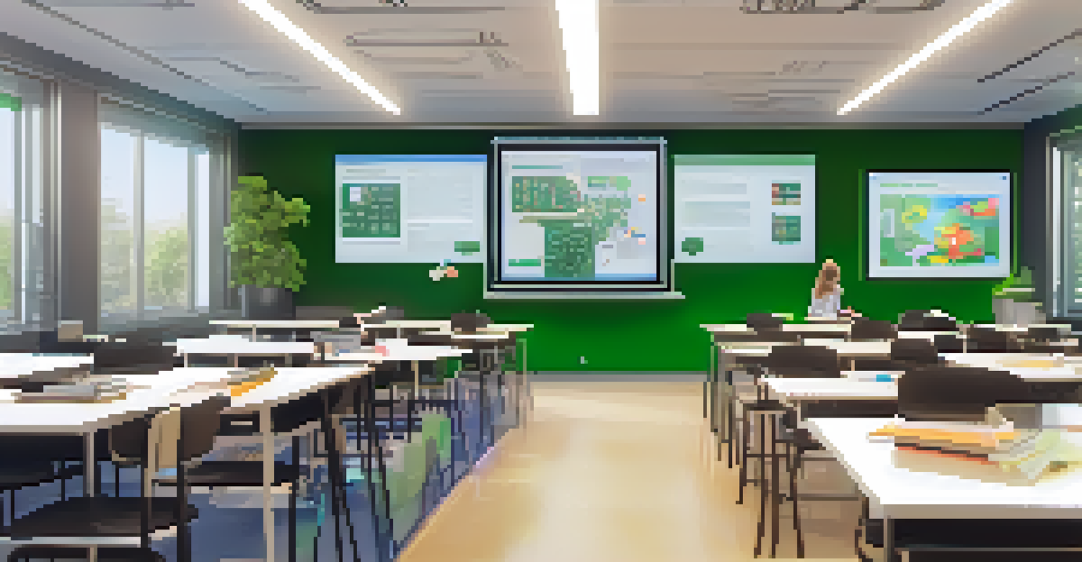 A futuristic classroom with AI-driven screens displaying personalized learning materials for students of different backgrounds, surrounded by greenery and modern furniture.