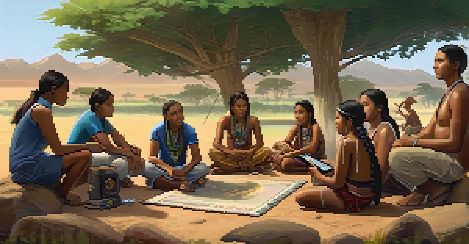 An indigenous community using technology in a traditional setting, gathered around a laptop, surrounded by nature and traditional artifacts, showcasing the blend of modern and cultural elements.