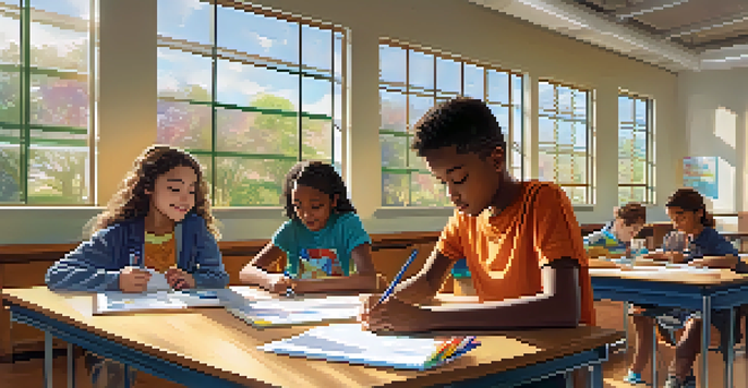 A diverse group of students working together in a bright classroom, collaborating on projects and using technology.