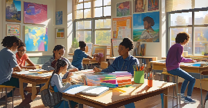 A lively classroom filled with diverse students collaborating on a project with colorful supplies and sunlight streaming through the windows.