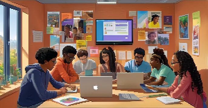 A diverse group of students participating in a virtual classroom, engaged in discussion on their laptops, with warm lighting and colorful posters in the background.