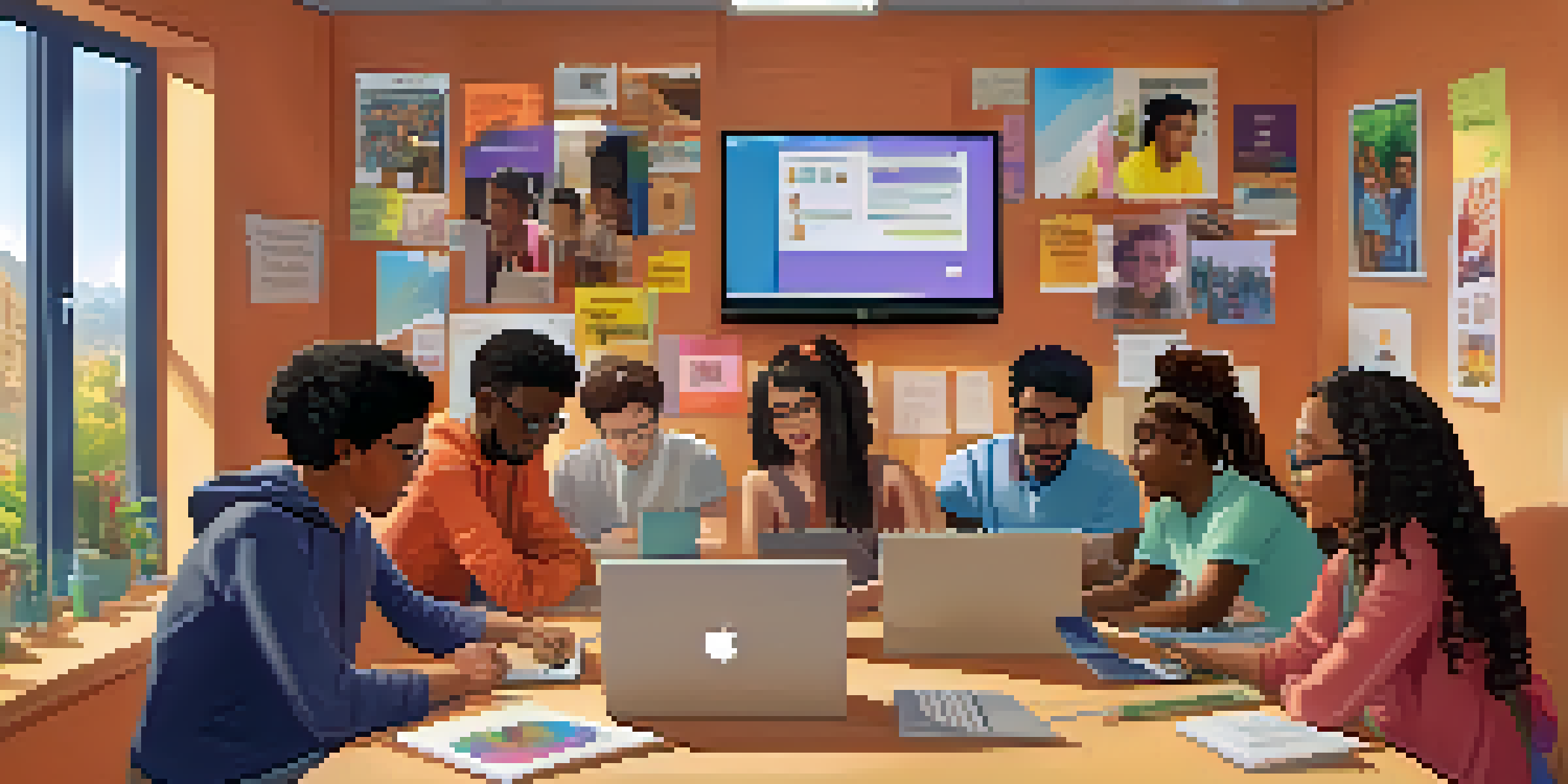 A diverse group of students participating in a virtual classroom, engaged in discussion on their laptops, with warm lighting and colorful posters in the background.