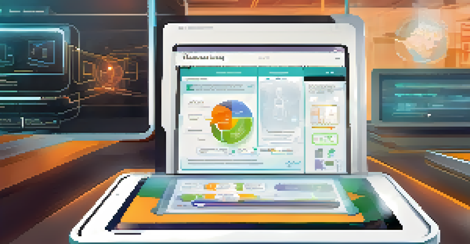 A futuristic LMS interface on a tablet, showcasing personalized learning paths and interactive features in a modern workspace.