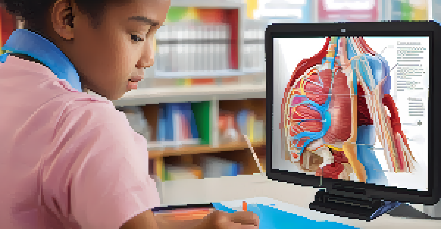 Close-up of a student's tablet showing a detailed 3D model of human anatomy, set against a modern classroom background.