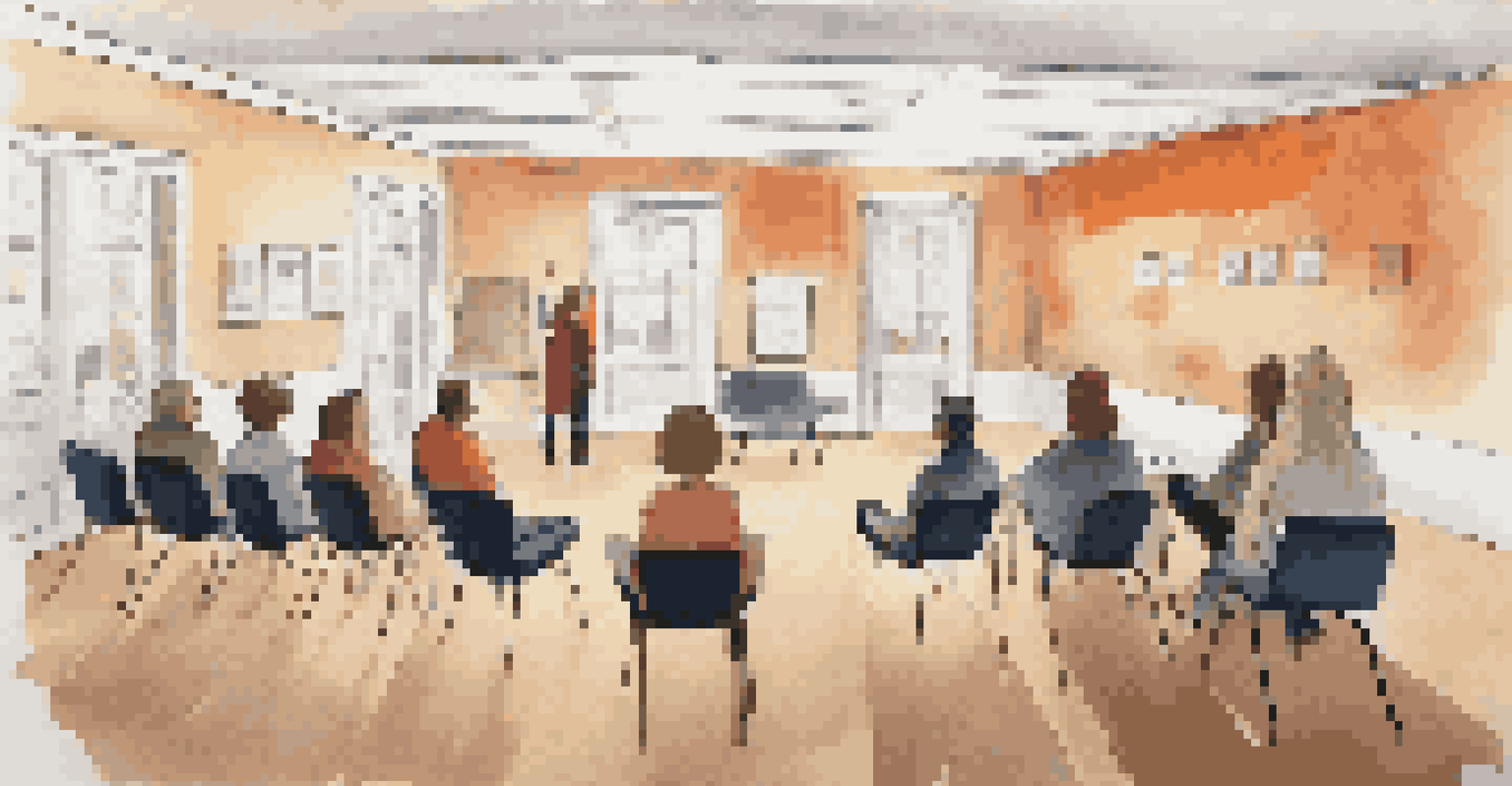 A cozy workshop room with a circle of chairs and a poster of ground rules for respectful communication, creating a safe space for dialogue.