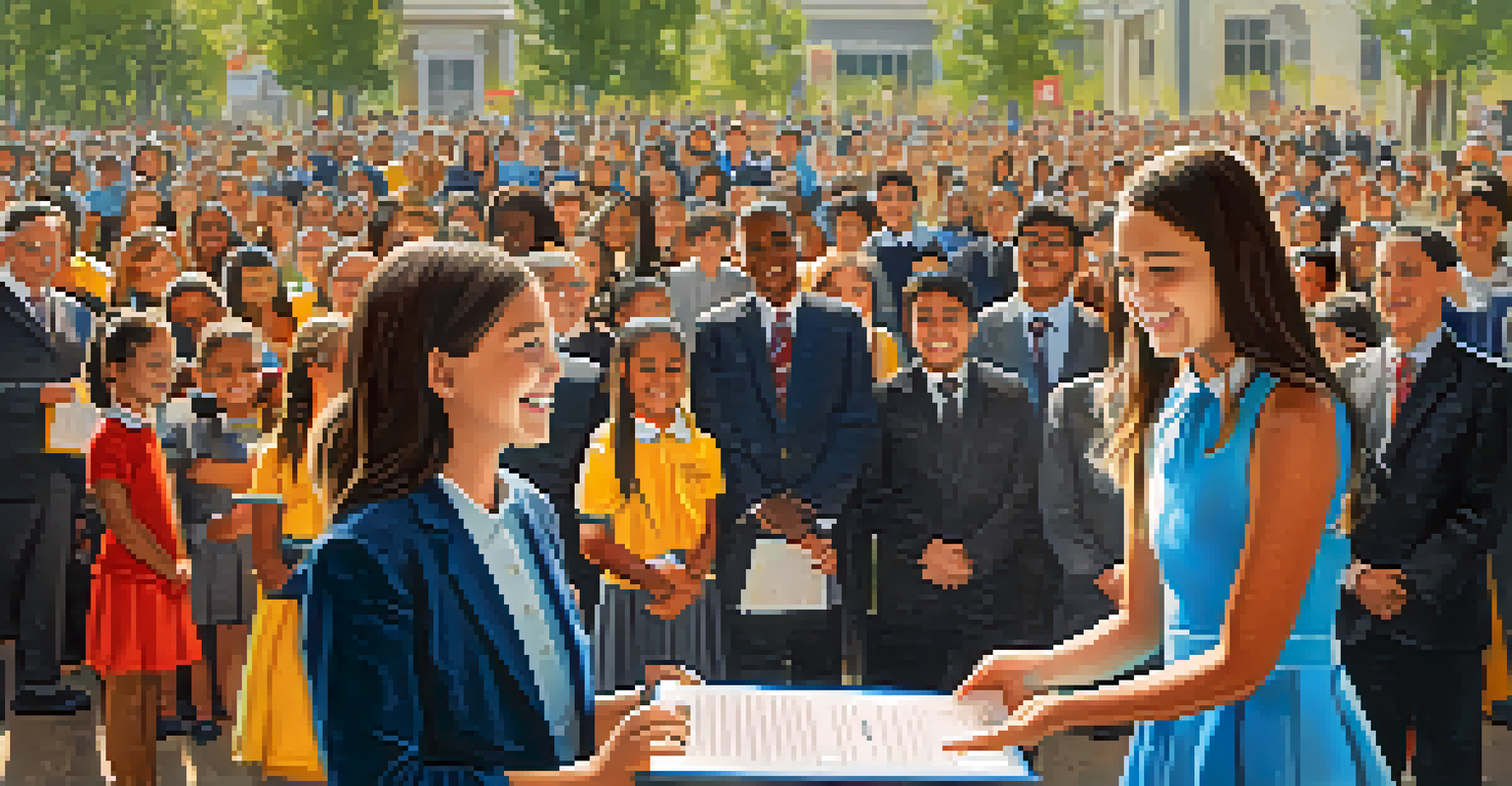 A young girl happily receiving a scholarship certificate from a philanthropist at a school ceremony.
