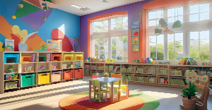 A colorful classroom designed for early learners, showcasing art, cozy reading areas, and natural elements.