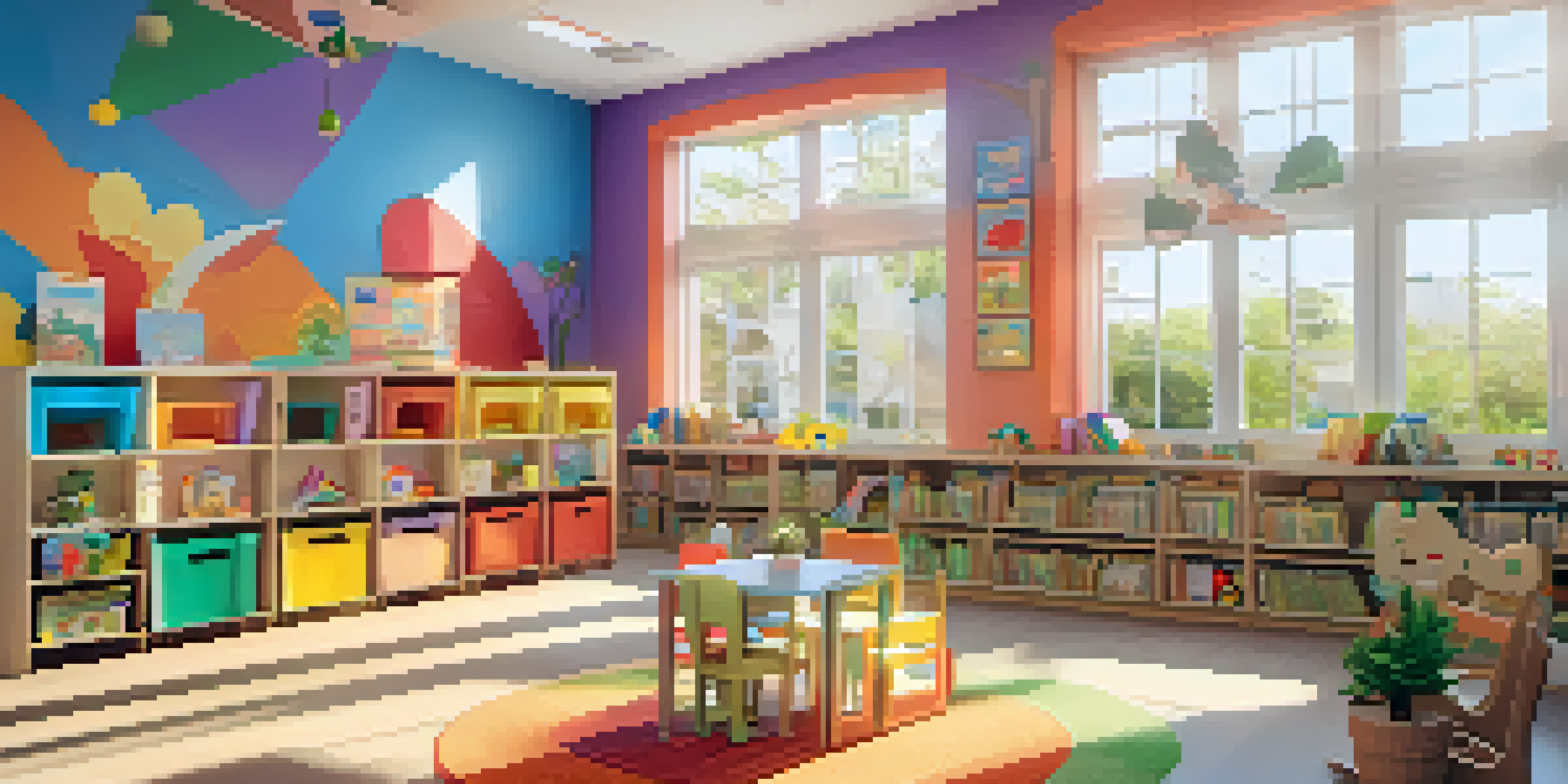 A colorful classroom designed for early learners, showcasing art, cozy reading areas, and natural elements.