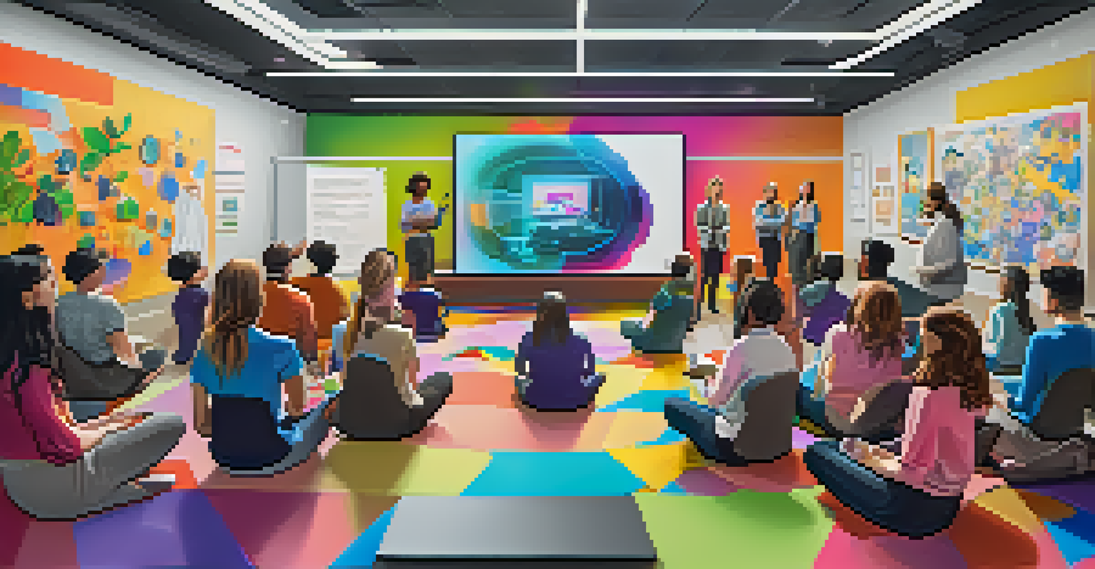 An educator conducting a workshop on AR and VR technologies for teachers, in a bright room filled with interactive displays and an atmosphere of collaboration and innovation.