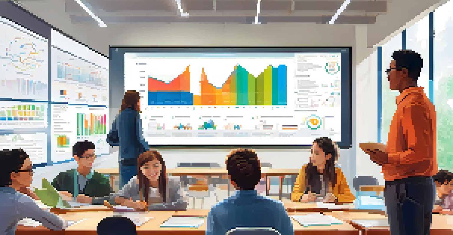 An educator presenting data analytics on a screen to engaged students in a bright classroom.