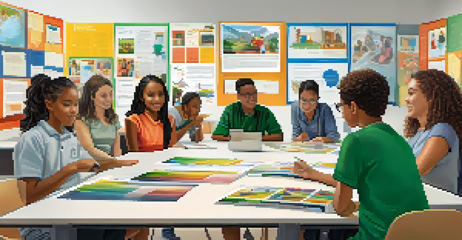 A group of students presenting their educational projects in a bright classroom, promoting collaboration and knowledge sharing.