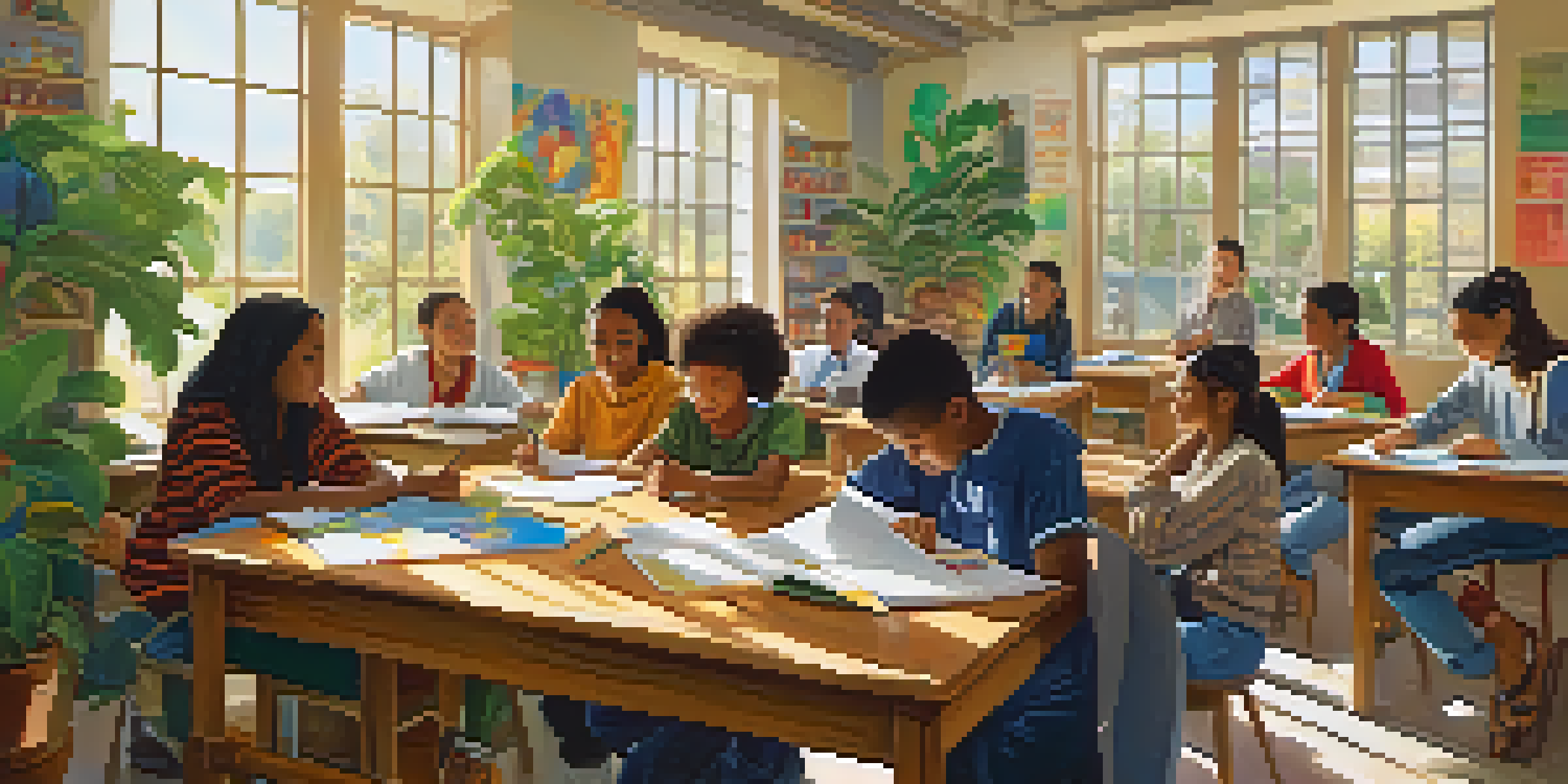 A diverse group of students in a bright classroom engaged in a collaborative project, with colorful materials and cultural decorations around them.
