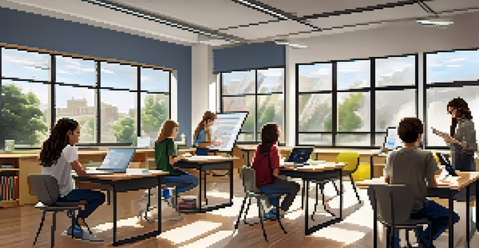 A bright classroom with students using laptops and tablets, engaged in discussions about digital literacy, with educational posters on the walls.