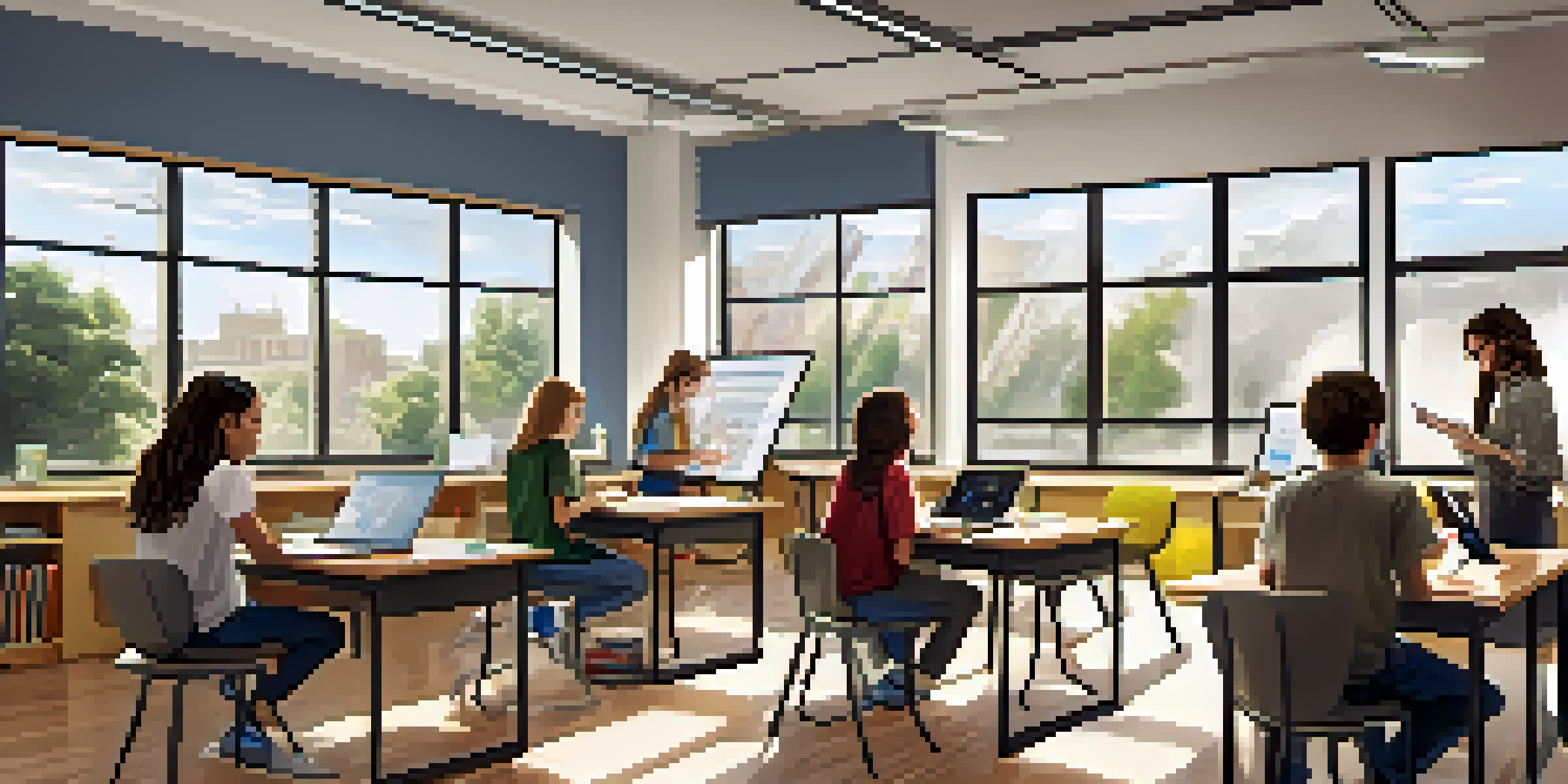 A bright classroom with students using laptops and tablets, engaged in discussions about digital literacy, with educational posters on the walls.