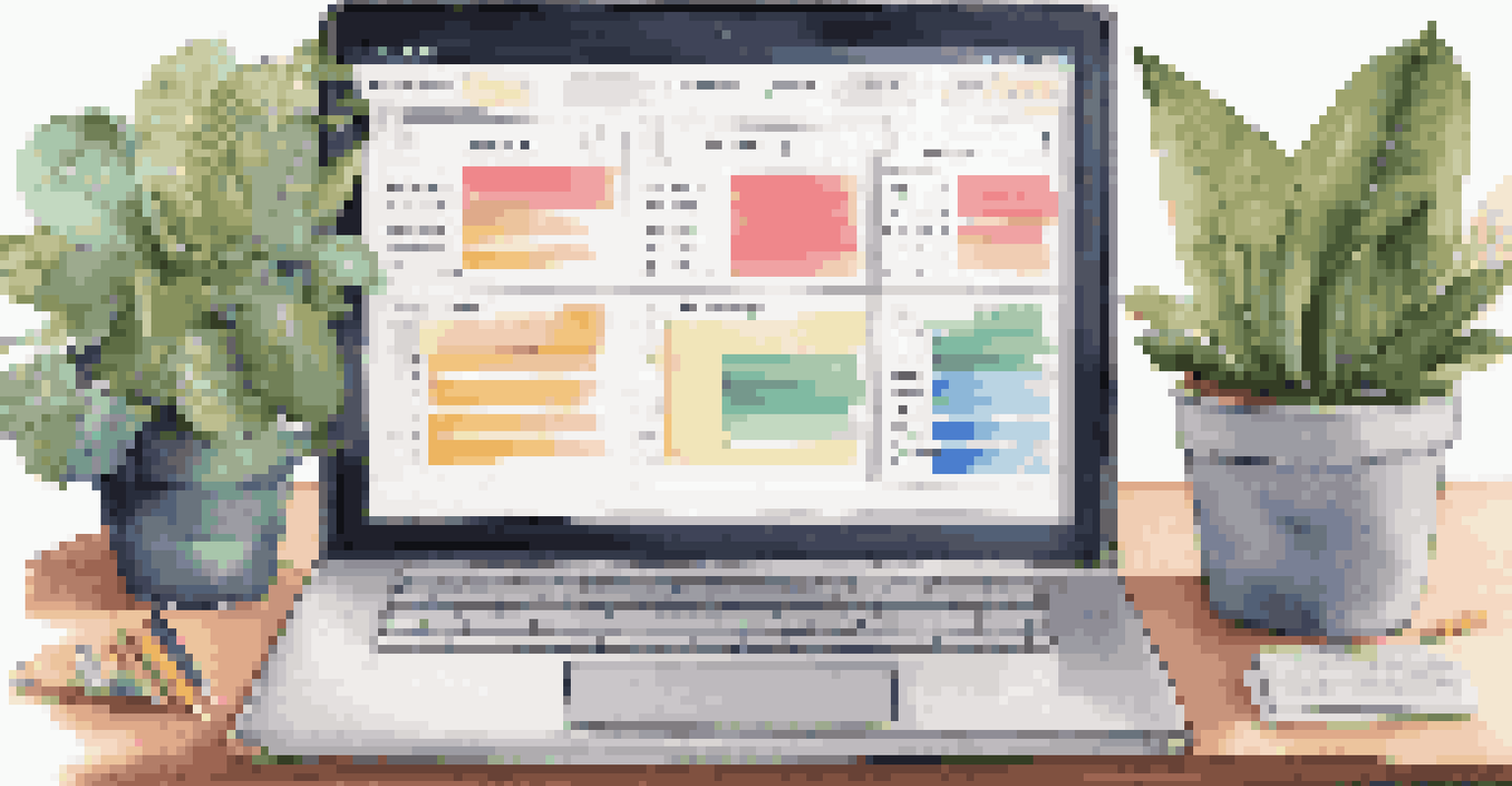 A laptop screen displaying a colorful project management board in a cozy study space.