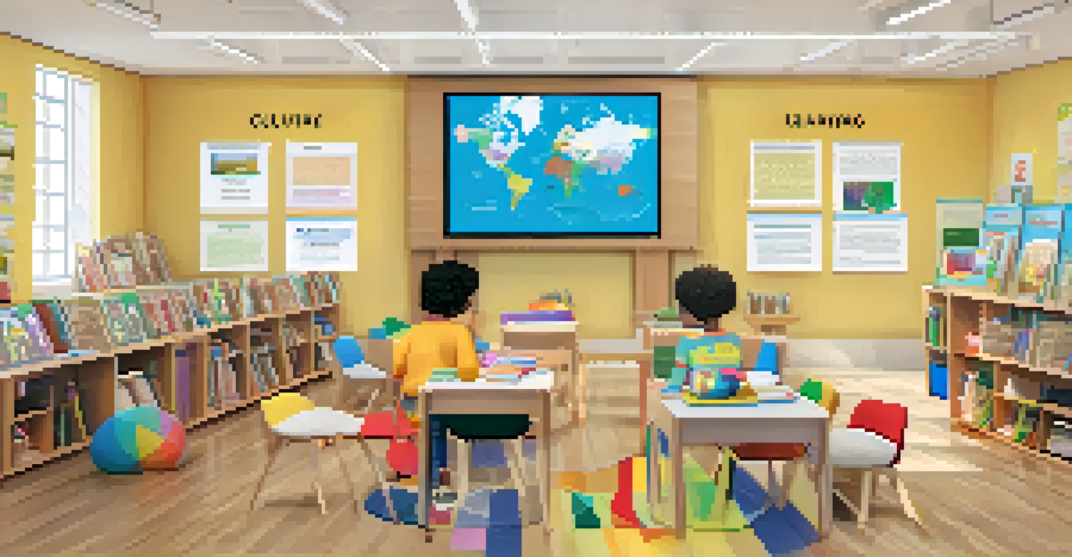 A collection of diverse learning materials in a bright classroom, showcasing books, tablets, and cultural resources.
