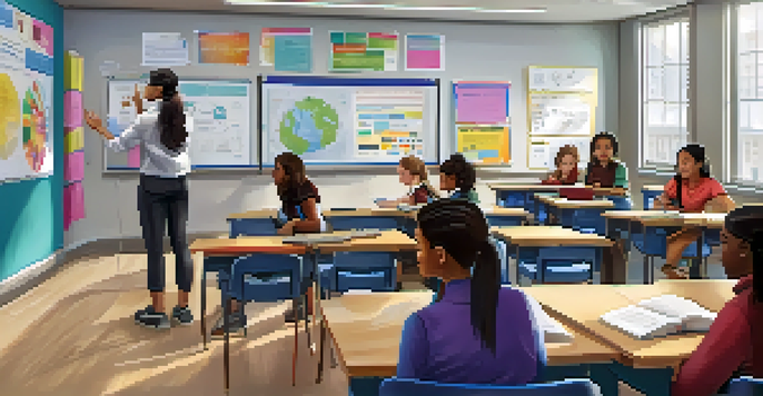 A bright and modern classroom with students using laptops and engaging in discussion, illustrating blended learning.
