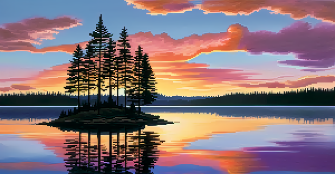 A tranquil sunset over a calm lake with silhouetted pine trees and vibrant colors in the sky.