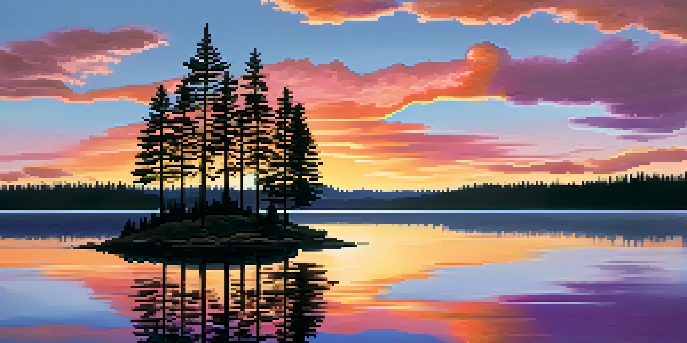 A tranquil sunset over a calm lake with silhouetted pine trees and vibrant colors in the sky.
