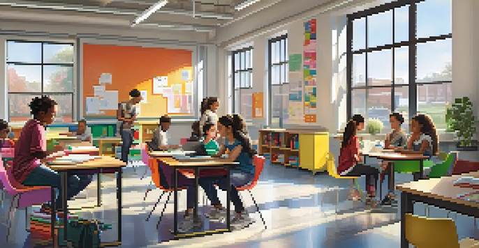 A diverse group of students collaborating in a bright classroom filled with educational materials and flexible seating.