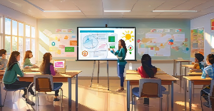 A vibrant classroom scene showing students actively participating in a lesson with a teacher, using modern technology and resources.