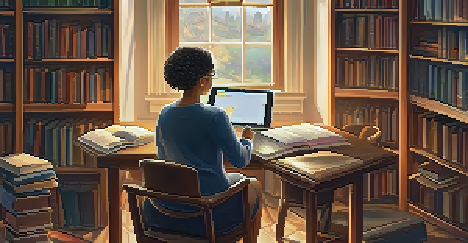 A teacher using a smartphone in a cozy study with books and a laptop.