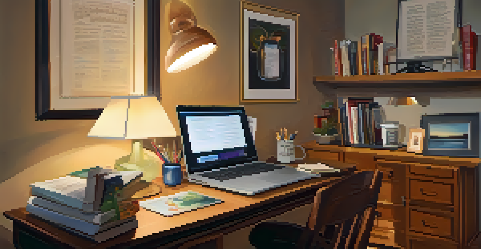 An adult learner studying independently at home, surrounded by books and a laptop in a cozy study room.