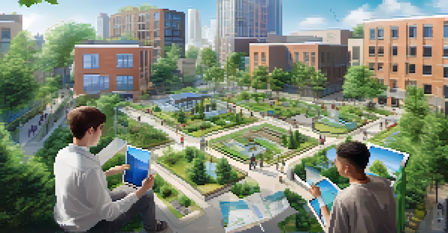 Students outdoors visualizing urban community planning through augmented reality, surrounded by trees and a clear sky.