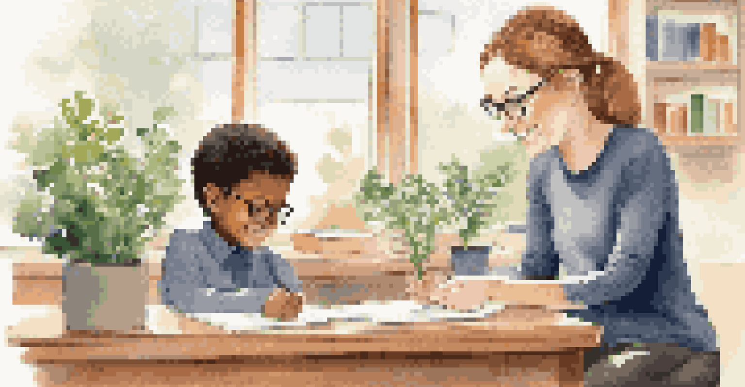 A teacher kneeling beside a student in a warm classroom, offering personalized feedback with a friendly smile.