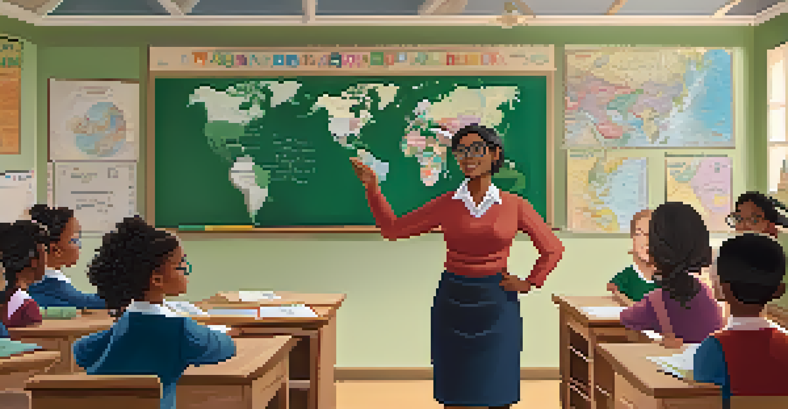 A teacher engaging with students in a culturally rich classroom, filled with symbols and artifacts.