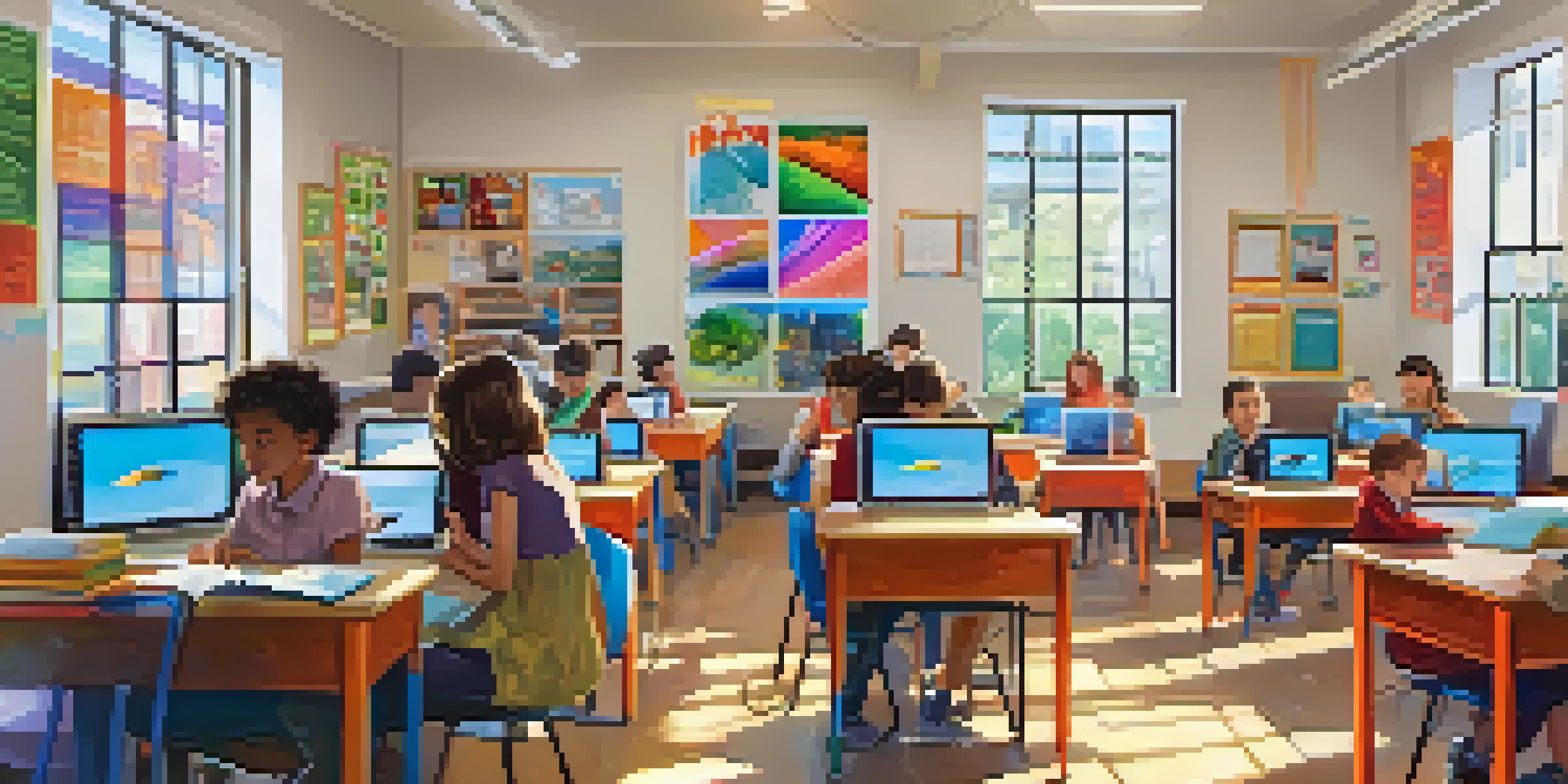 A diverse group of students in a bright classroom, engaging with different media for learning, including books, a projector, and laptops.