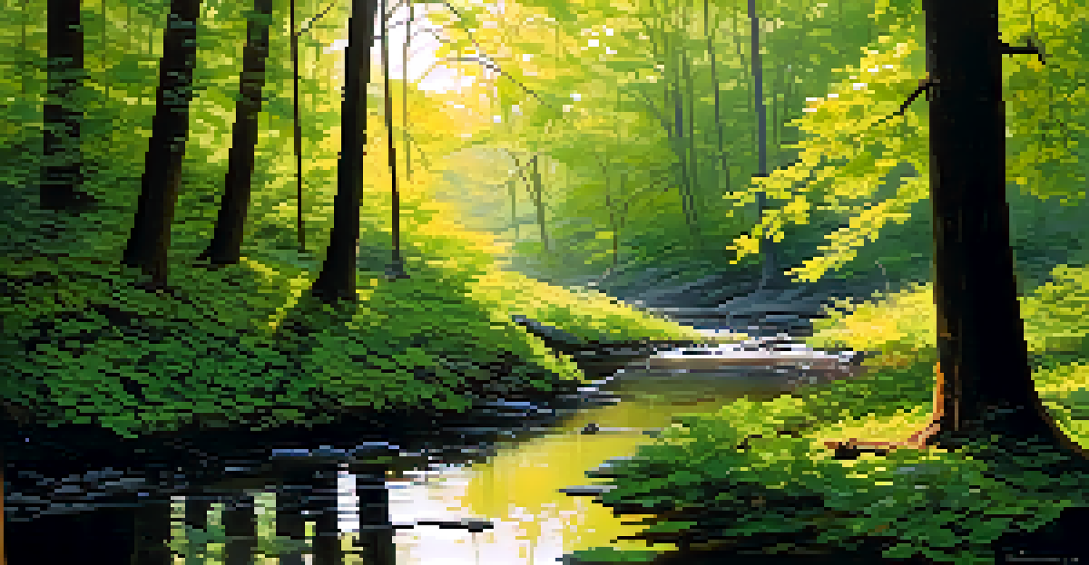 A tranquil forest with sunlight streaming through trees, illuminating a calm stream.