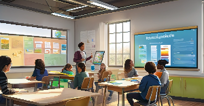 A vibrant classroom with students using laptops and tablets, a teacher leading a discussion, and bright sunlight illuminating the space.
