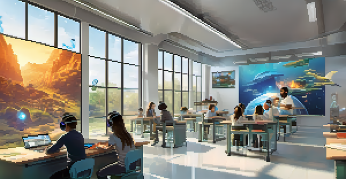 A modern classroom with students using virtual reality headsets, surrounded by holographic educational displays.