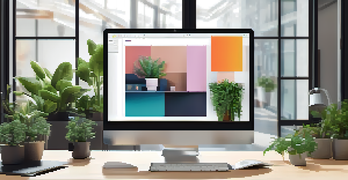 A modern digital portfolio on a laptop in an office setting, with colorful graphics and organized content.
