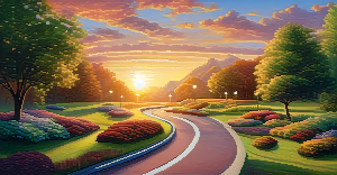 A peaceful winding road in a landscape at sunset, flanked by greenery and educational symbols like books and graduation caps.