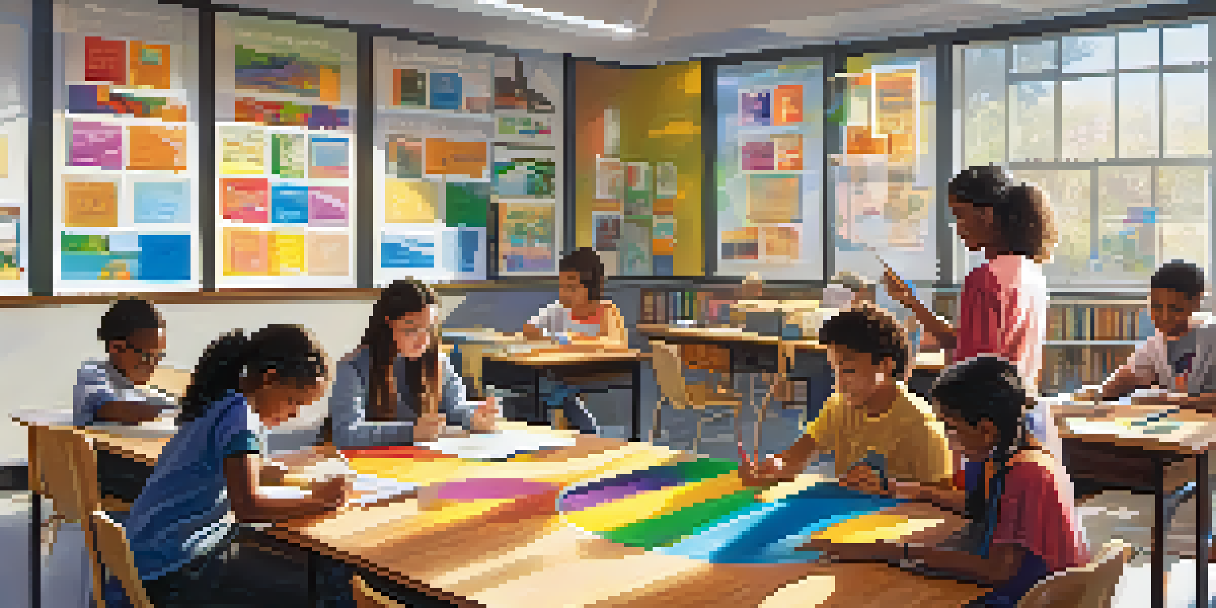 A lively classroom filled with students actively participating in learning activities, with sunlight coming through the windows.
