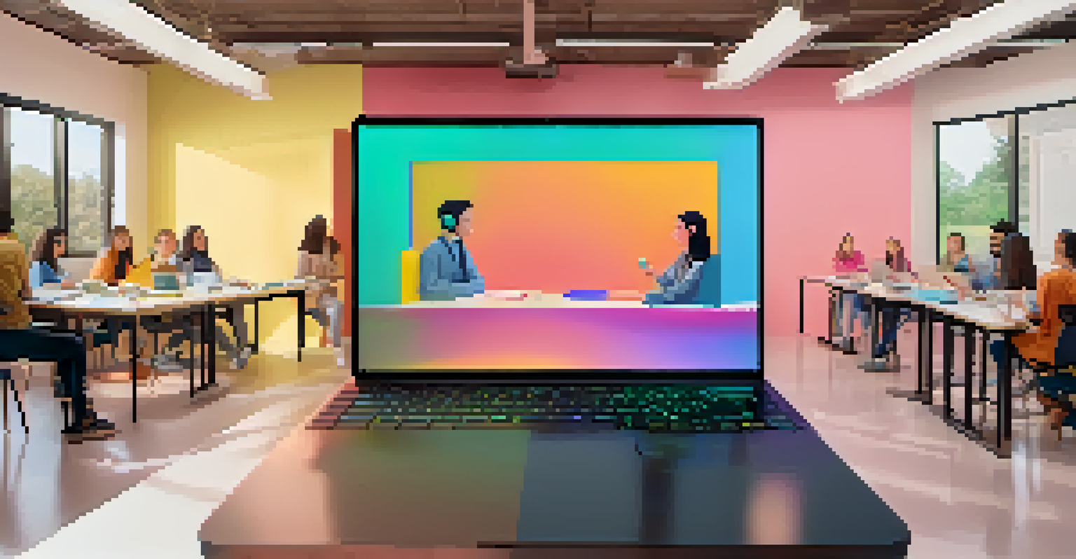 A split-screen image showing a lively video conference on one side and a student watching a recorded lecture in a calm setting on the other side.