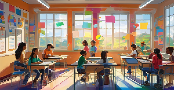 A classroom filled with diverse students using tablets in a gamified learning environment, with colorful educational posters and sunlight streaming in.