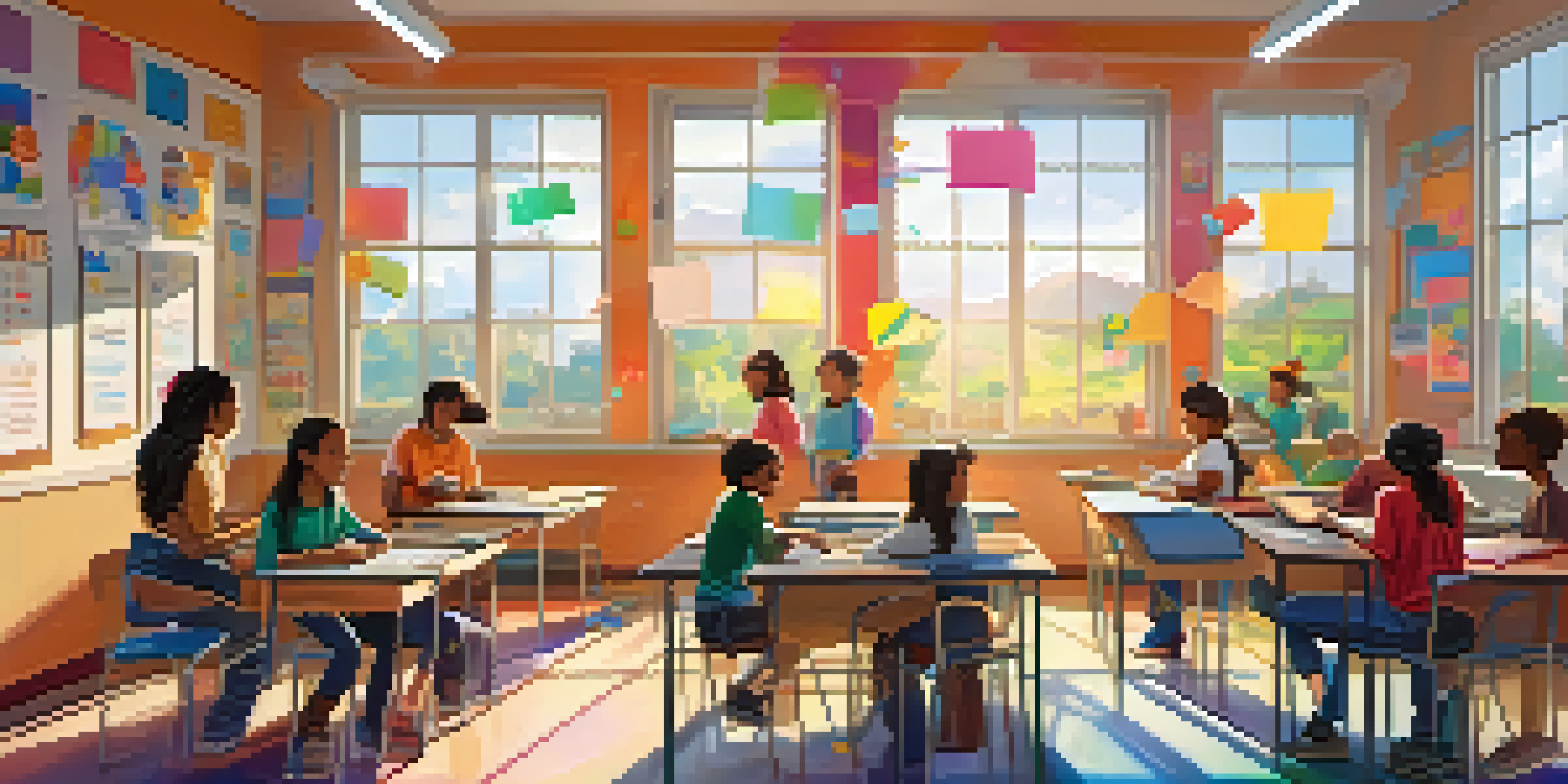 A classroom filled with diverse students using tablets in a gamified learning environment, with colorful educational posters and sunlight streaming in.