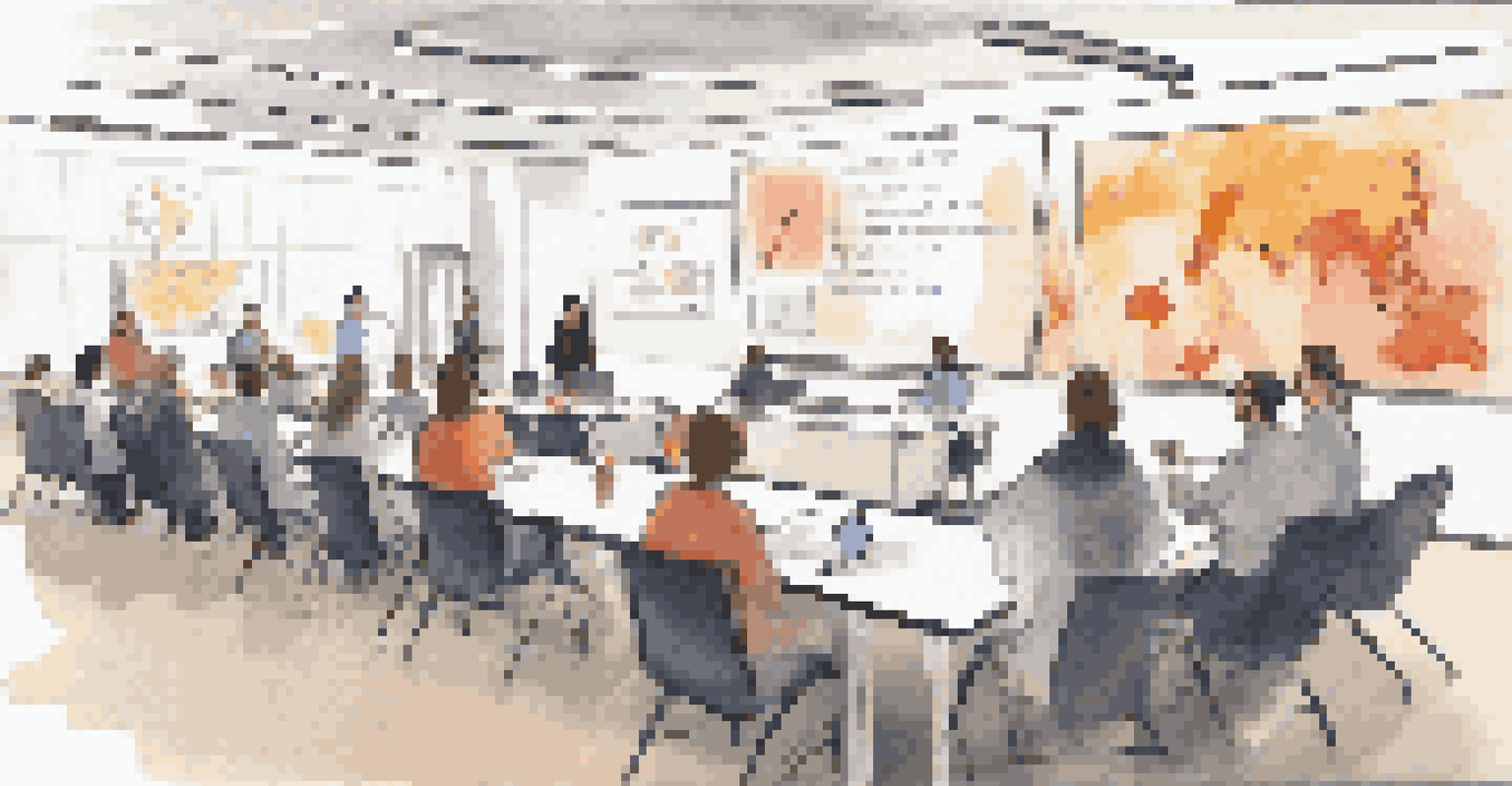 Teachers engaged in a professional development workshop about ethical AI in a modern conference room, with a presenter and collaborative activities.