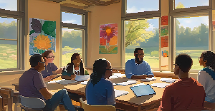 A diverse group of teachers discussing ideas in a rural classroom filled with student artwork and warm sunlight.