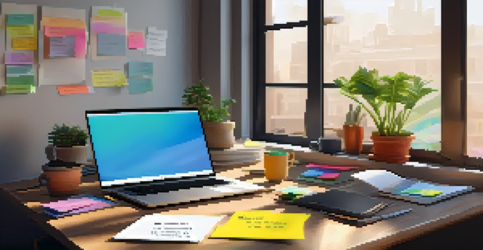 A colorful digital workspace featuring a laptop with a call to action button on the screen, surrounded by sticky notes, a coffee cup, and a plant, illuminated by natural light.