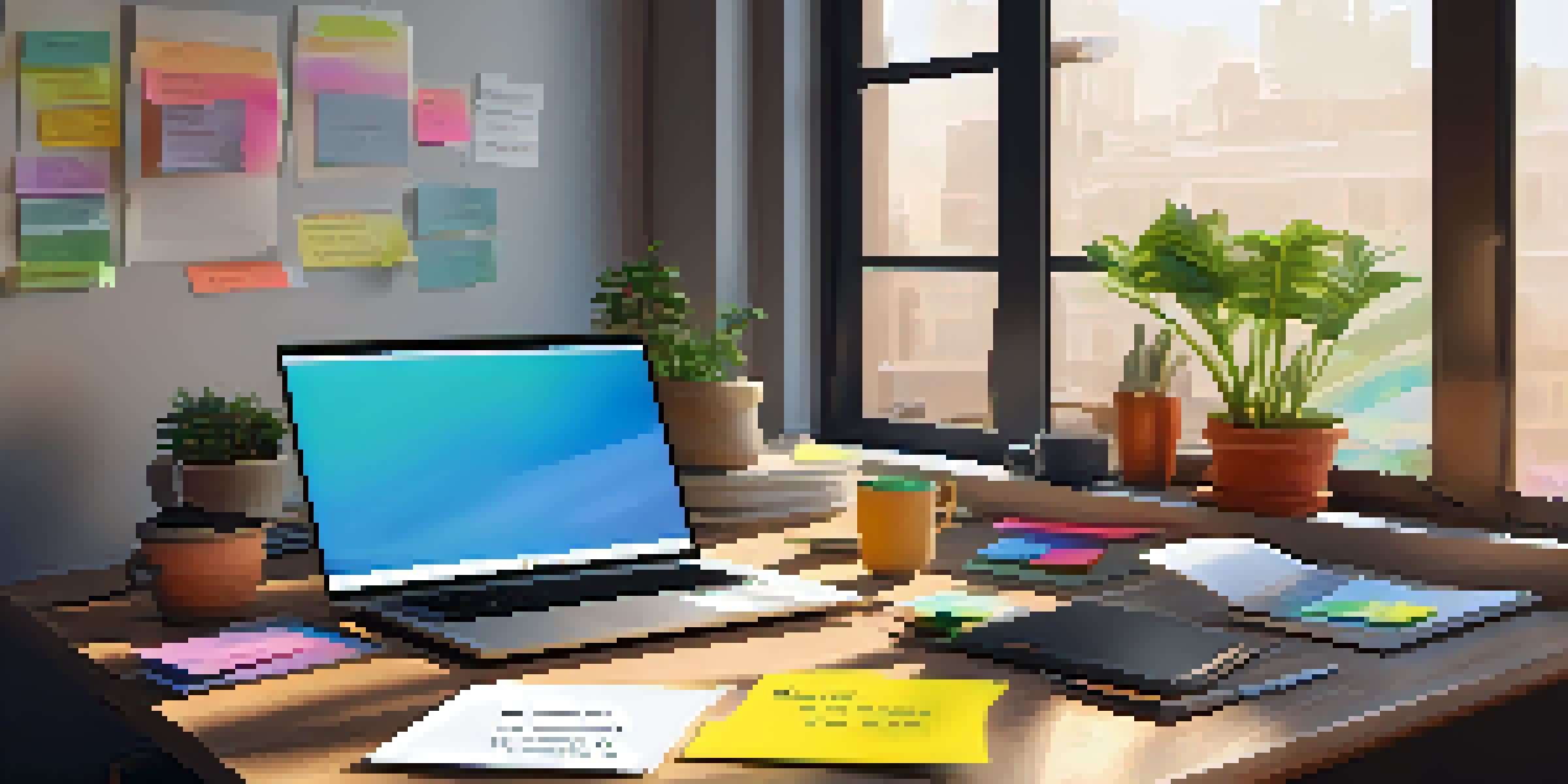 A colorful digital workspace featuring a laptop with a call to action button on the screen, surrounded by sticky notes, a coffee cup, and a plant, illuminated by natural light.