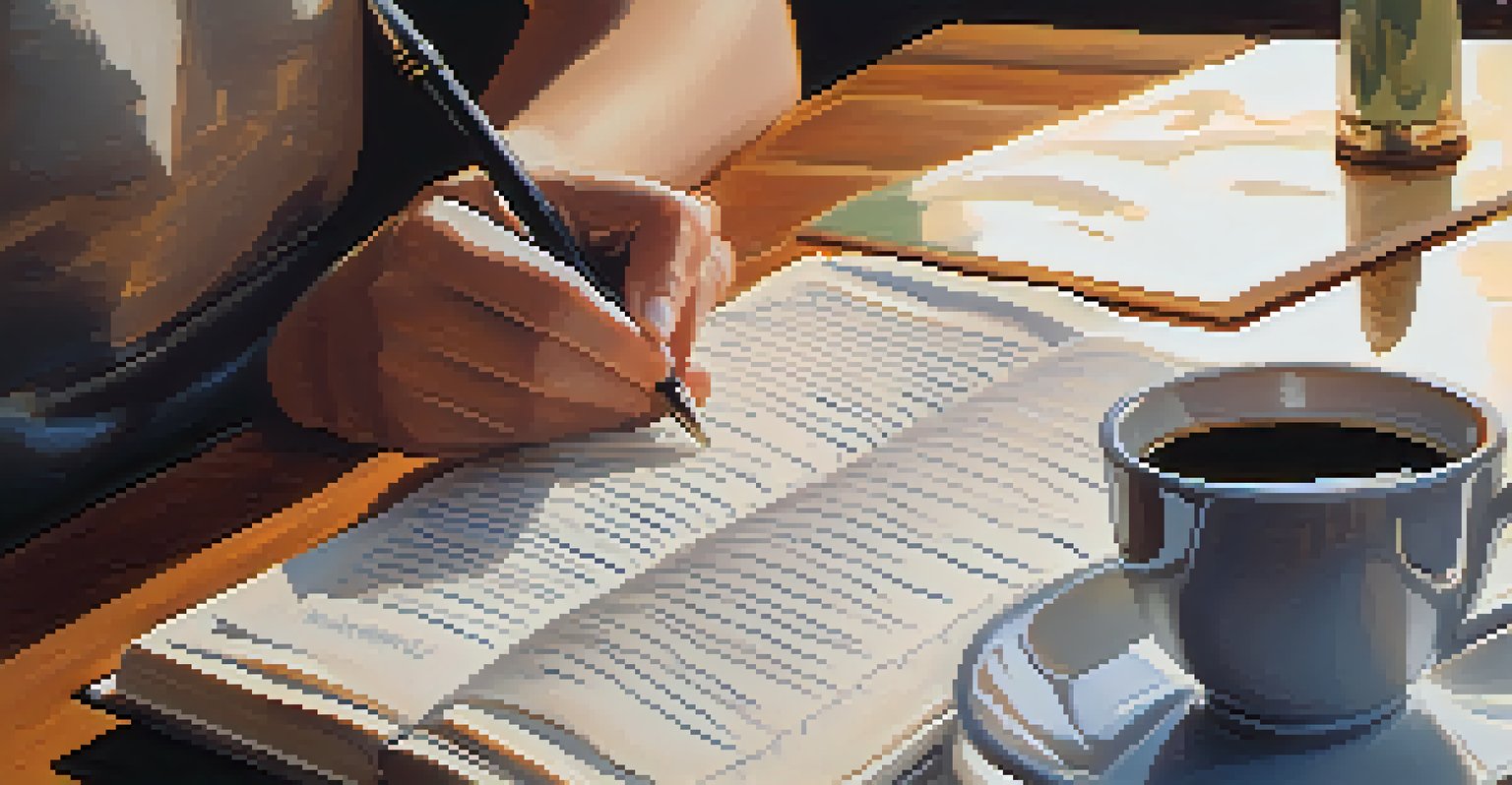 Hands writing in a journal with a cup of coffee, representing personal growth and reflection.