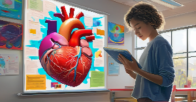 A student in a classroom is captivated by a floating 3D model of a human heart displayed above a textbook while holding a tablet.