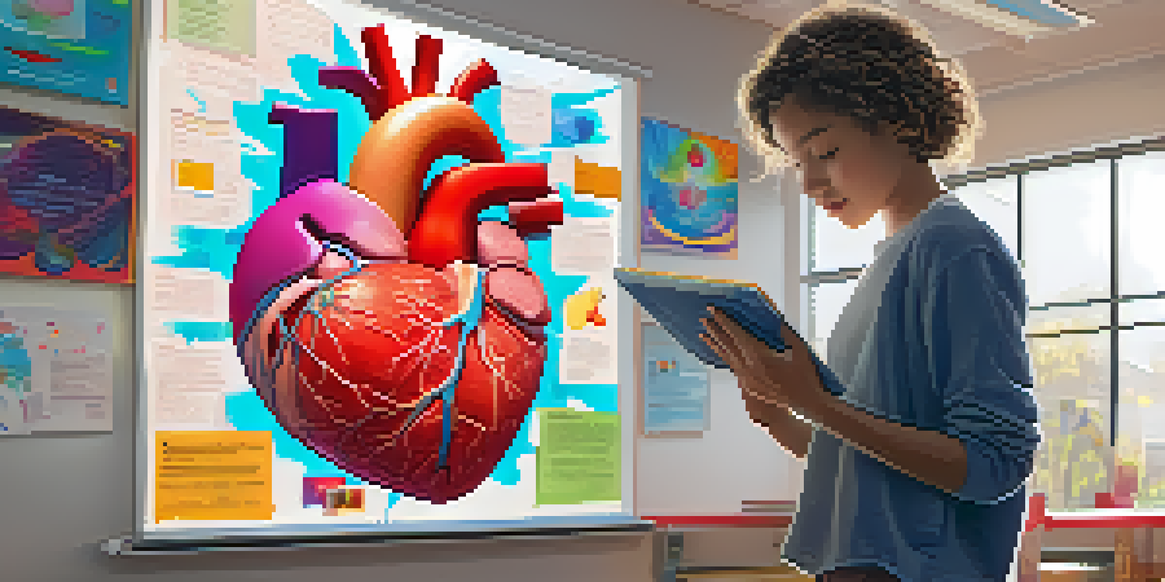 A student in a classroom is captivated by a floating 3D model of a human heart displayed above a textbook while holding a tablet.