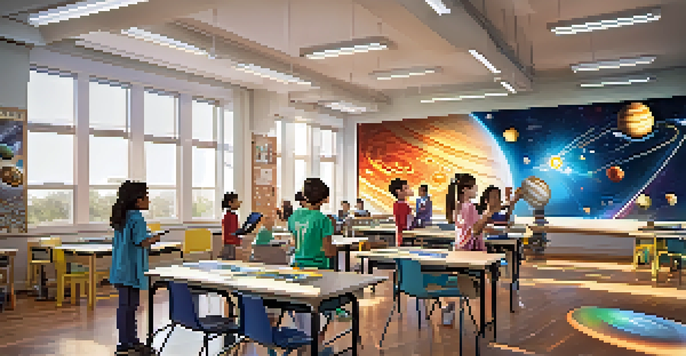 Students in a bright classroom wearing augmented reality glasses, exploring a 3D model of the solar system with colorful educational materials in the background.