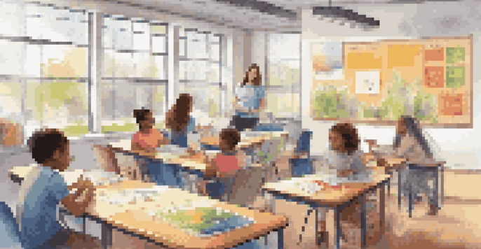 A vibrant classroom where students are engaged in personalized learning activities, including digital learning and collaboration with a teacher.