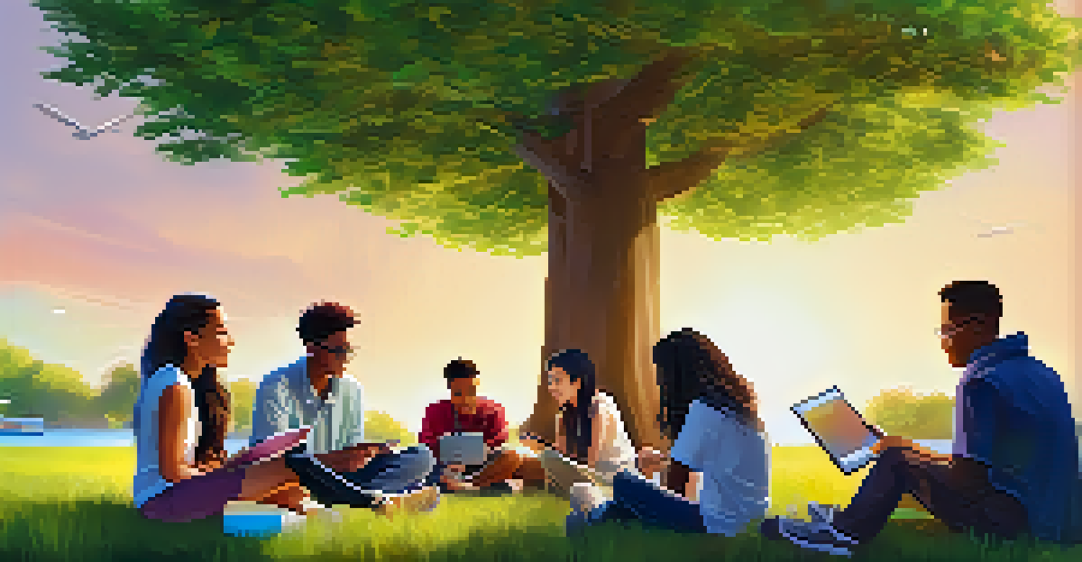 Diverse students working together on a project outdoors, using tablets and sharing ideas.